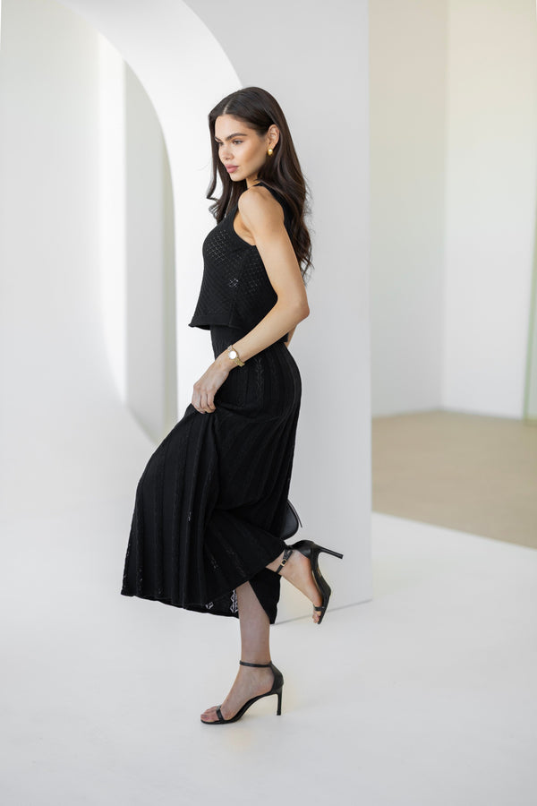 Ophélie Knit Top & Pleated Skirt Set – Black