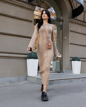 Rosalie Ribbed Midi Dress – Camel