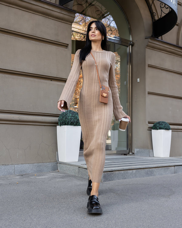 Rosalie Ribbed Midi Dress – Camel