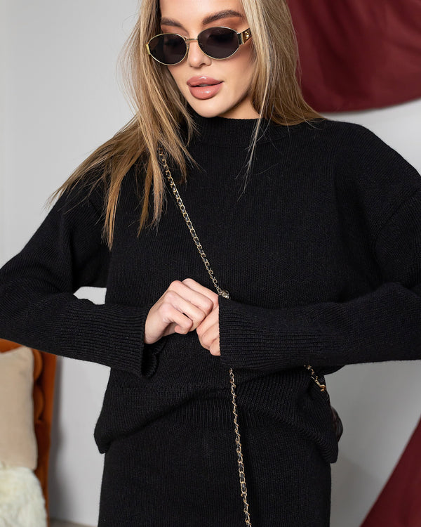 Elisa Knit Top & Mini Skirt Set – Black