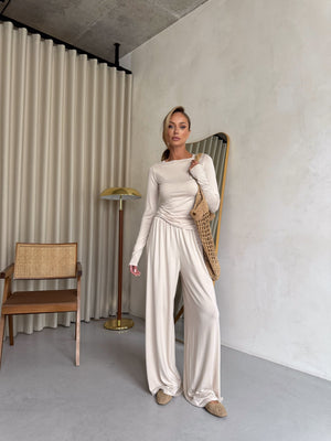 Angeline Knit Cardigan, Top & Trouser Set – Cream