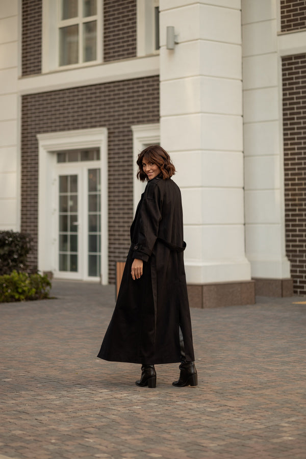 Dorothée Belted Faux-Leather Trench – Brown