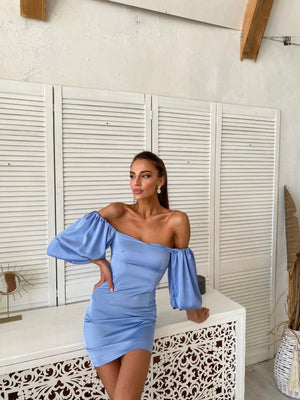 Sylvette Off-Shoulder Satin Mini Dress – Sky Blue