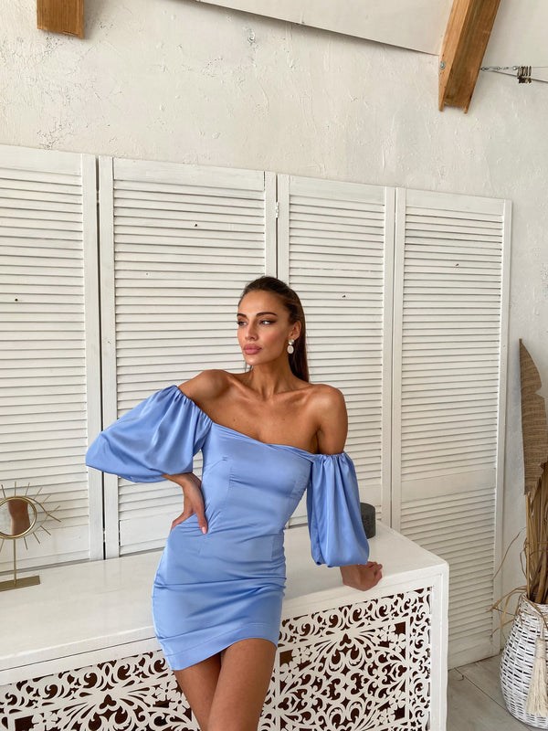 Sylvette Off-Shoulder Satin Mini Dress – Sky Blue