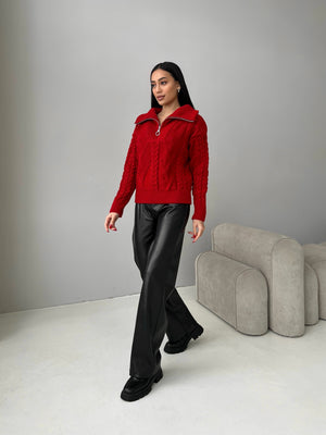 Vera Cable Half-Zip Sweater – Red