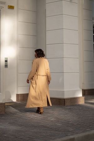 Dorothée Belted Faux-Leather Trench – Camel
