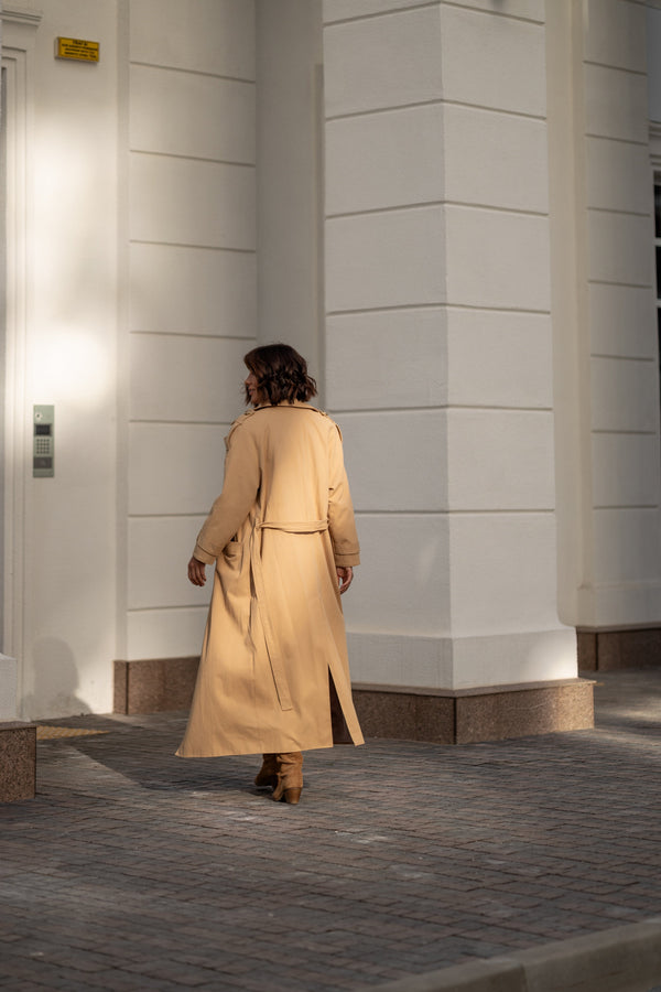 Dorothée Belted Faux-Leather Trench – Camel