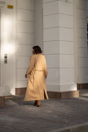 Dorothée Belted Faux-Leather Trench in Camel