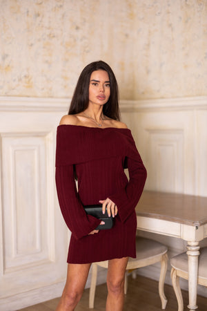 Noor Off-Shoulder Knit Dress – Burgundy