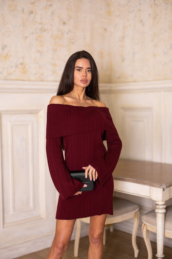 Noor Off-Shoulder Knit Dress – Burgundy