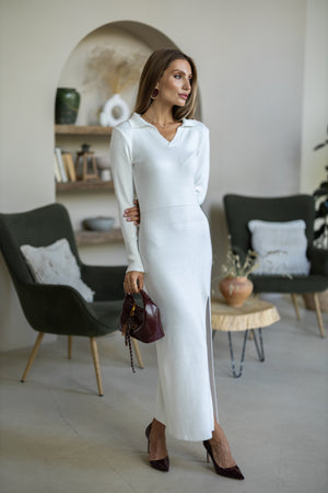 Sylvie Collared Knit Midi Dress – Milk White