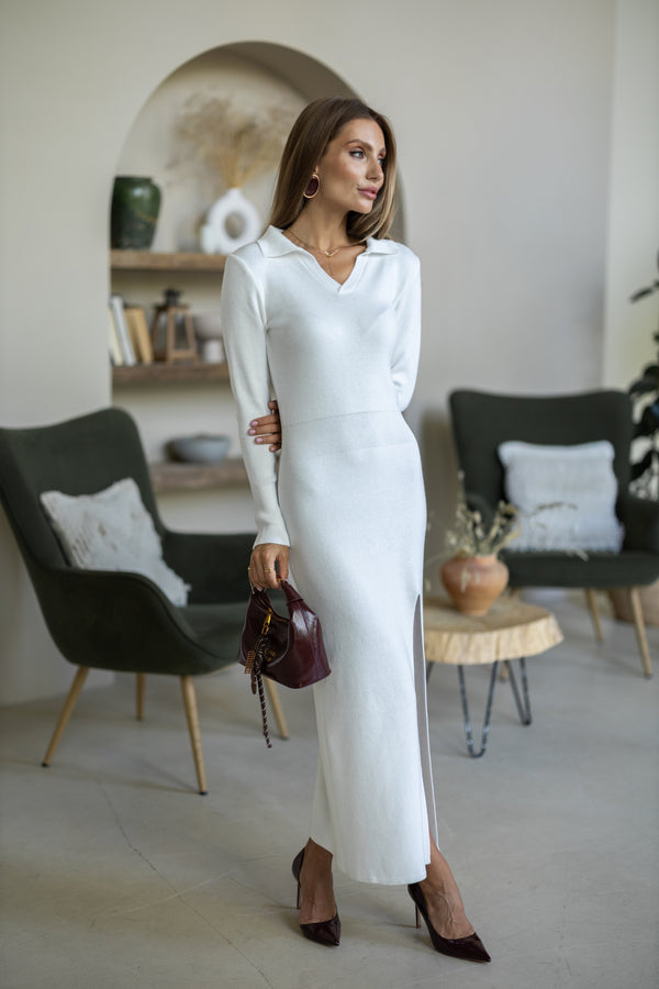 Sylvie Collared Knit Midi Dress – Milk White