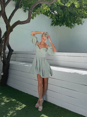 Flavie Off-Shoulder Tiered Mini Dress – Sage