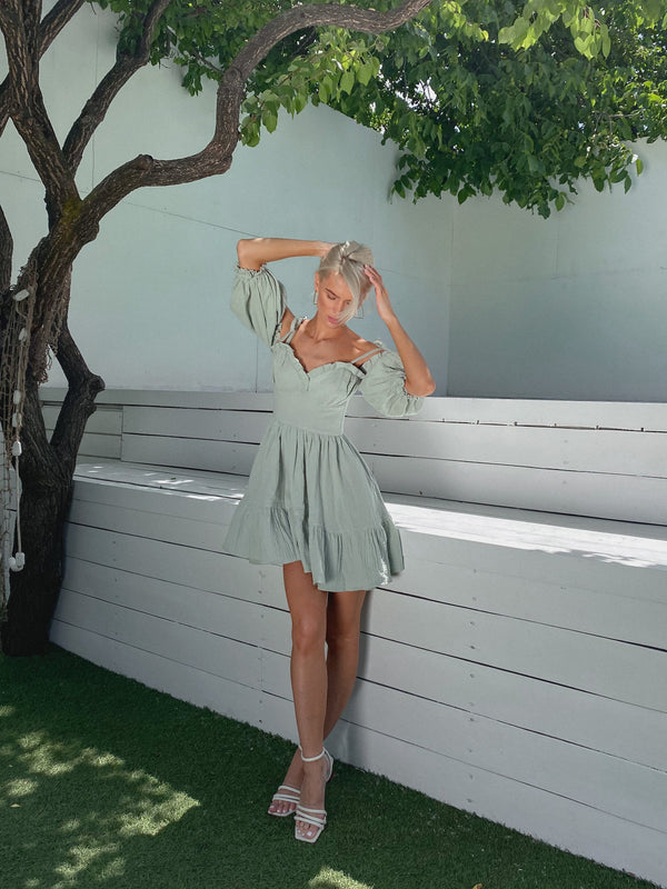 Flavie Off-Shoulder Tiered Mini Dress – Sage