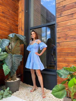 Flavie Off-Shoulder Tiered Mini Dress – Sky Blue