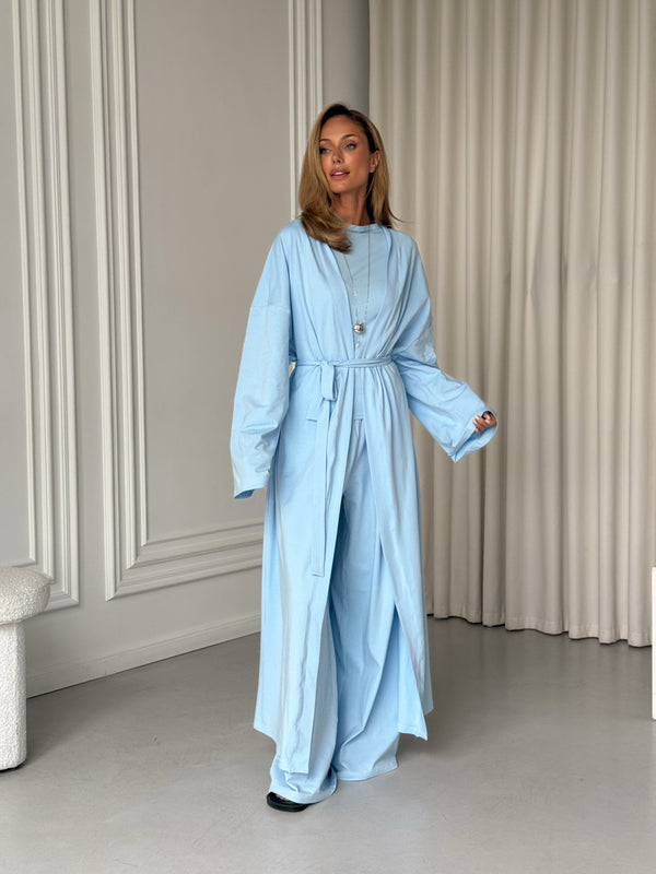 Angeline Knit Cardigan, Top & Trouser Set – Sky Blue