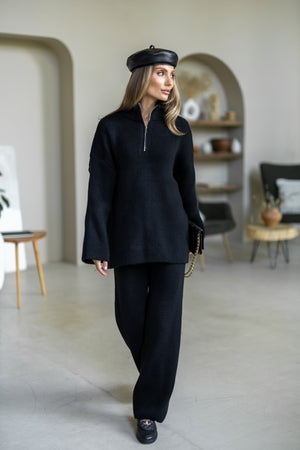 Agathe Half-Zip Knit Set – Black