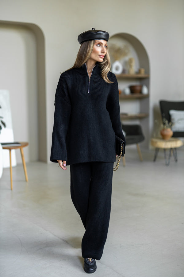 Agathe Half-Zip Knit Set – Black