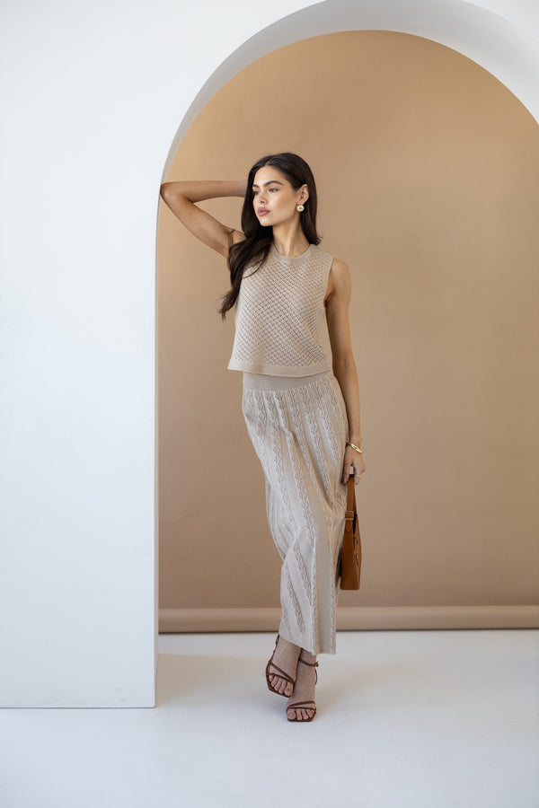 Ophélie Knit Top & Pleated Skirt Set – Beige