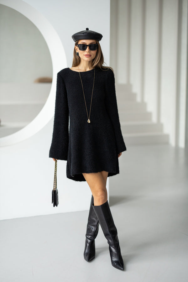 Cosette Bell-Sleeve Swing Dress – Black
