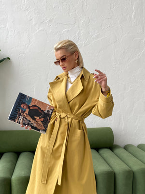 Dorothée Belted Faux-Leather Trench – Mustard