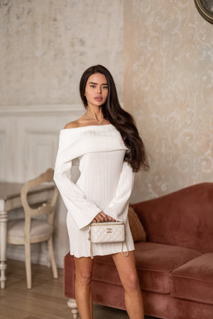 Noor Off-Shoulder Knit Dress – Milk White