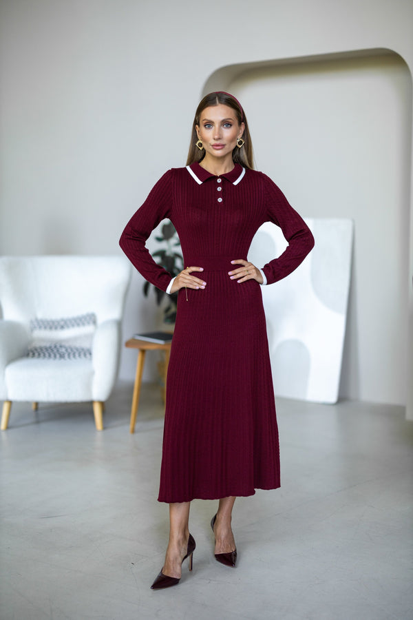 Constance Contrast-Collar Knit Midi Dress – Burgundy
