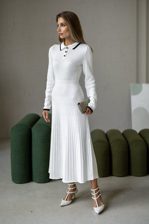 Constance Contrast-Collar Knit Midi Dress – White