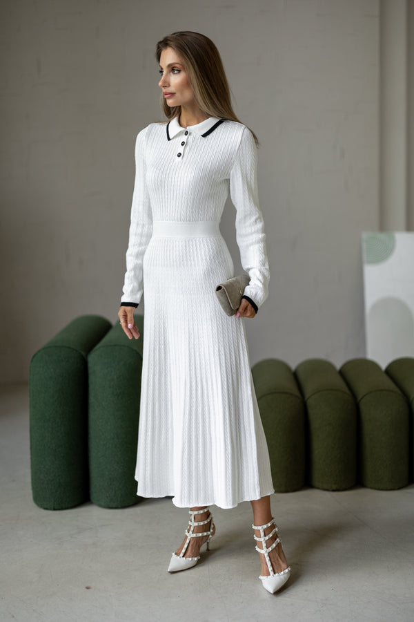 Constance Contrast-Collar Knit Midi Dress – White
