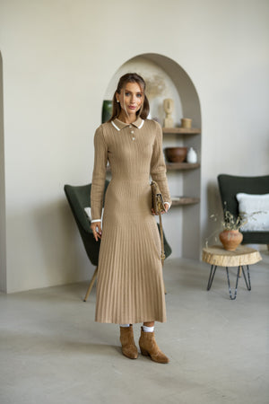 Constance Contrast-Collar Knit Midi Dress – Camel