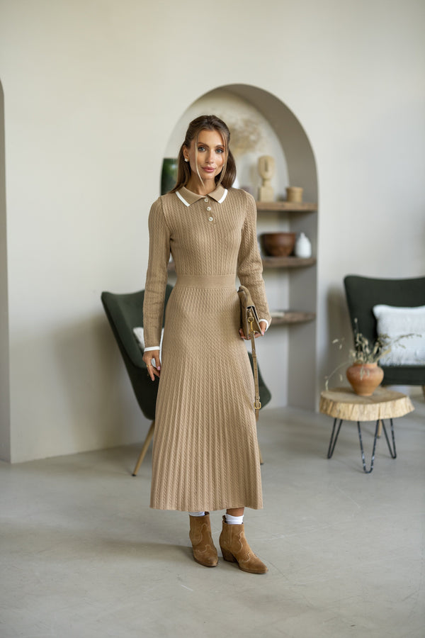 Constance Contrast-Collar Knit Midi Dress – Camel