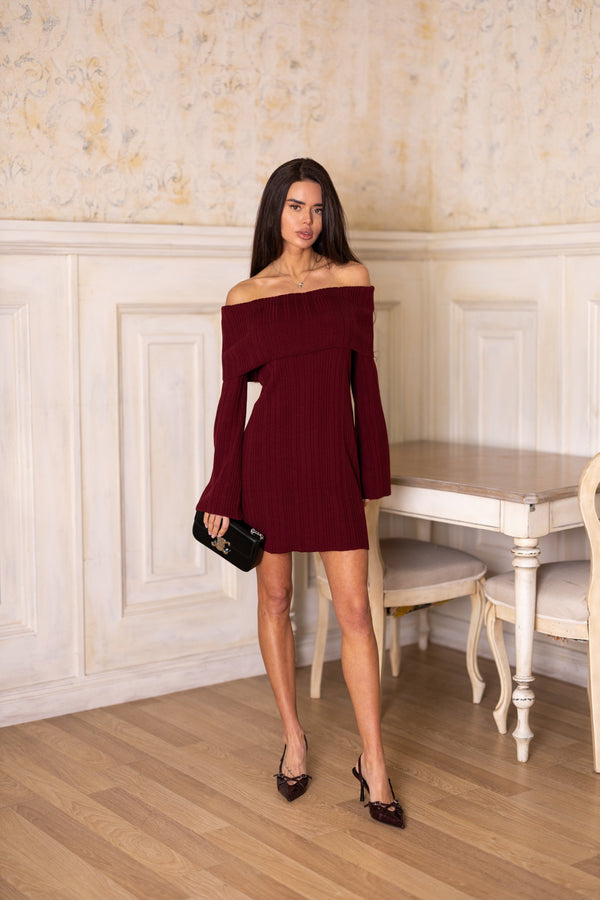 Noor Off-Shoulder Knit Dress – Burgundy
