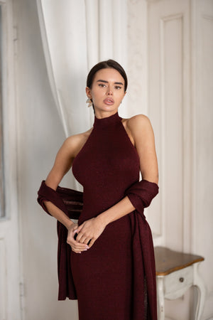 Salomé Halter Maxi & Cardigan Set – Burgundy