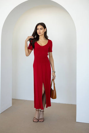 Isadora Slit Knit Maxi Dress – Red