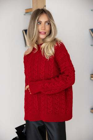 Mireille Cable Knit Sweater – Red