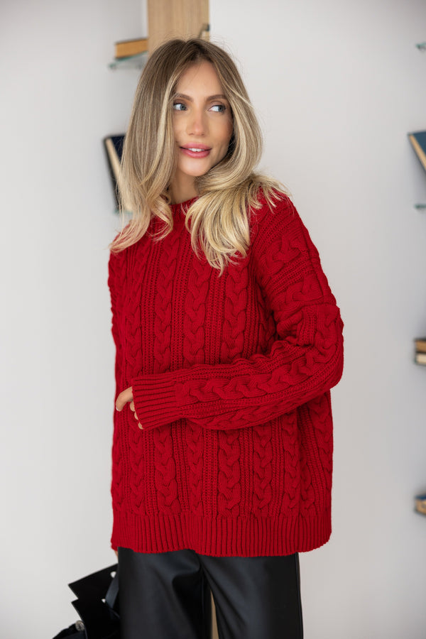Mireille Cable Knit Sweater – Red