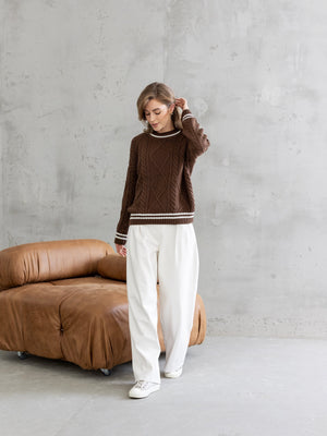 Beatrice Contrast-Trim Cable Sweater – Brown
