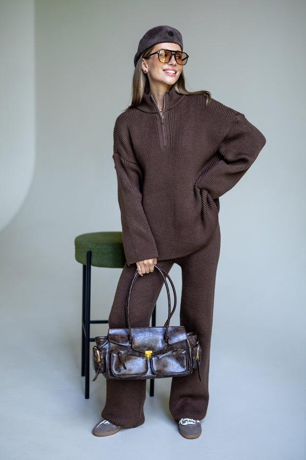 Agathe Half-Zip Knit Set – Brown