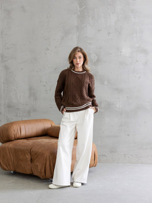 Beatrice Contrast-Trim Cable Sweater – Brown