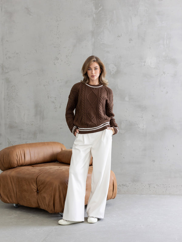 Beatrice Contrast-Trim Cable Sweater – Brown
