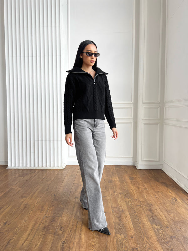 Vera Cable Half-Zip Sweater – Black