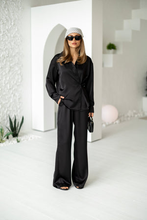 Armelle Satin Shirt & Trouser Set – Black