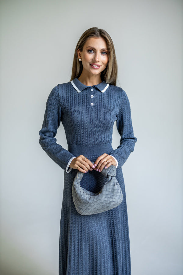 Constance Contrast-Collar Knit Midi Dress – Blue