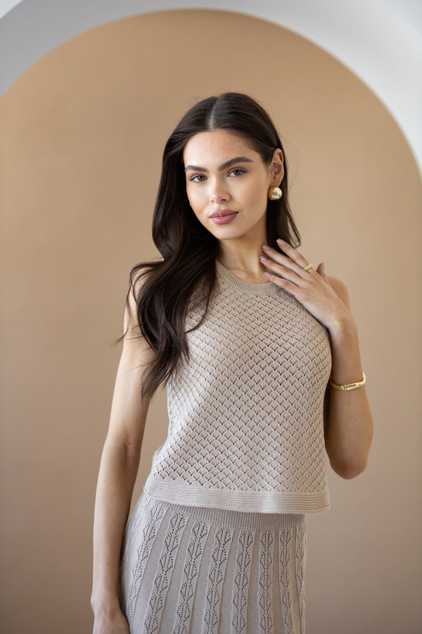 Ophélie Knit Top & Pleated Skirt Set – Beige