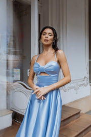 Rosine Satin Bustier Midi Dress in Blue