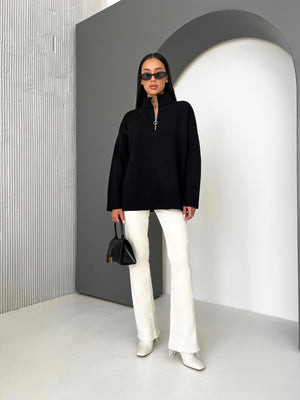 Maren Half-Zip Tunic Sweater – Black