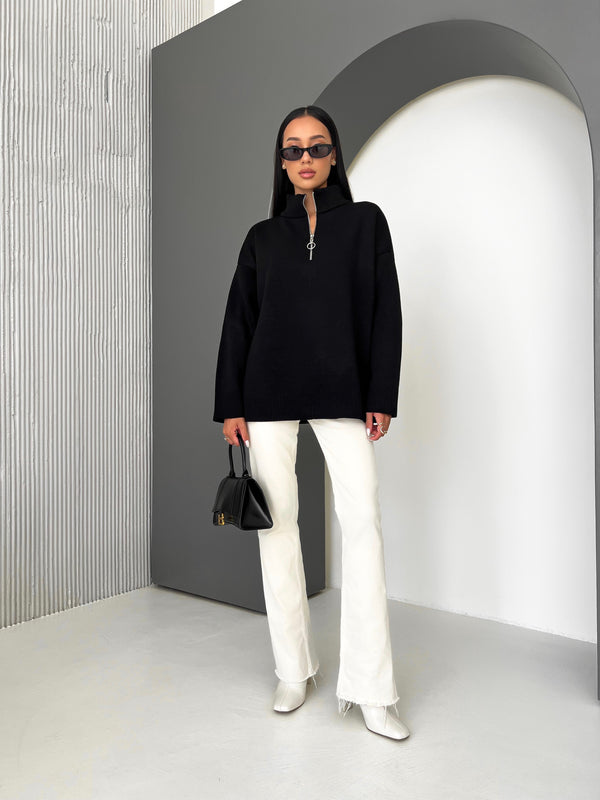 Maren Half-Zip Tunic Sweater – Black