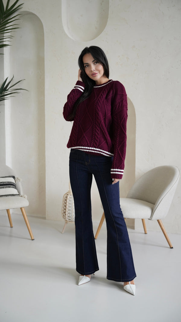 Beatrice Contrast-Trim Cable Sweater – Burgundy