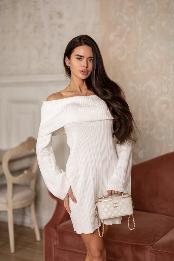 Noor Off-Shoulder Knit Dress – Milk White