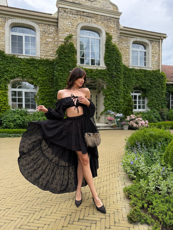 Bérénice Broderie Top & Skirt Set – Black